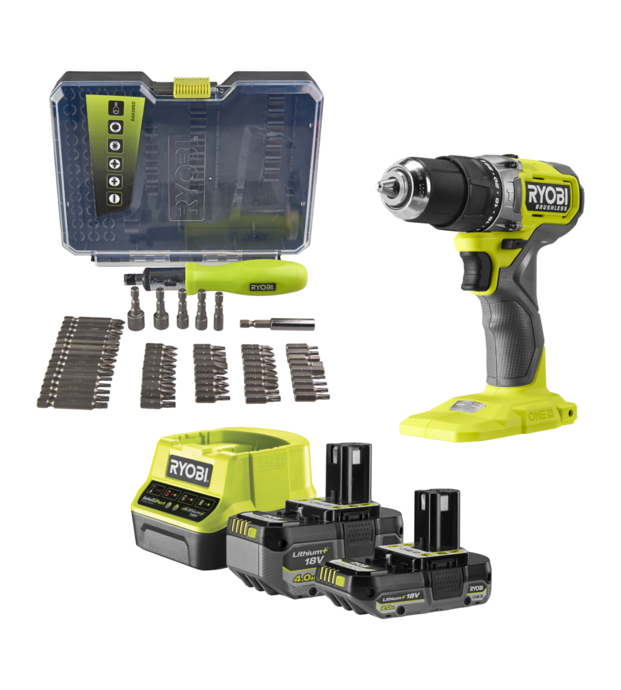 KIT TRAPANO A PERCUSSIONE A BATTERIA RYOBI "RPD18BL1-2C42TA59" CON SET 59 ACCESSORI 2 BATTERIE 18V 2AH 4AH E CARICABATTERIE