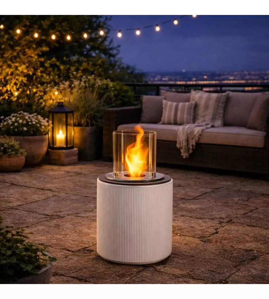 CAMINO BIOETANOLO DA TERRA PER INTERNO ESTERNO DIVINA FIRE "MODIGLIANI" IN RESINA BIANCO PERLA Ø36X56 CM