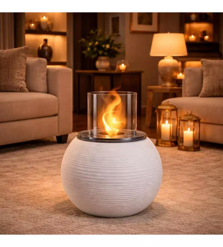 CAMINO BIOETANOLO DA TERRA PER INTERNO ESTERNO DIVINA FIRE "BOTTICELLI" IN RESINA BIANCO PERLA Ø40X54 CM