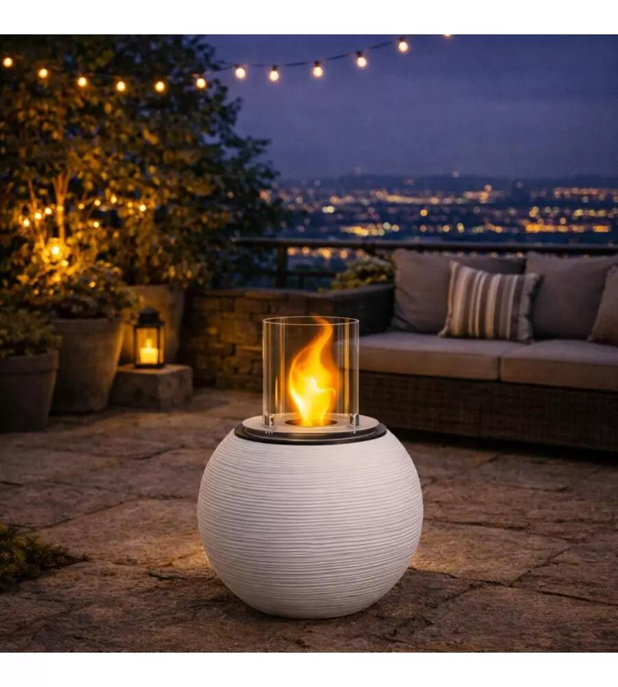 CAMINO BIOETANOLO DA TERRA PER INTERNO ESTERNO DIVINA FIRE "BOTTICELLI" IN RESINA BIANCO PERLA Ø40X54 CM