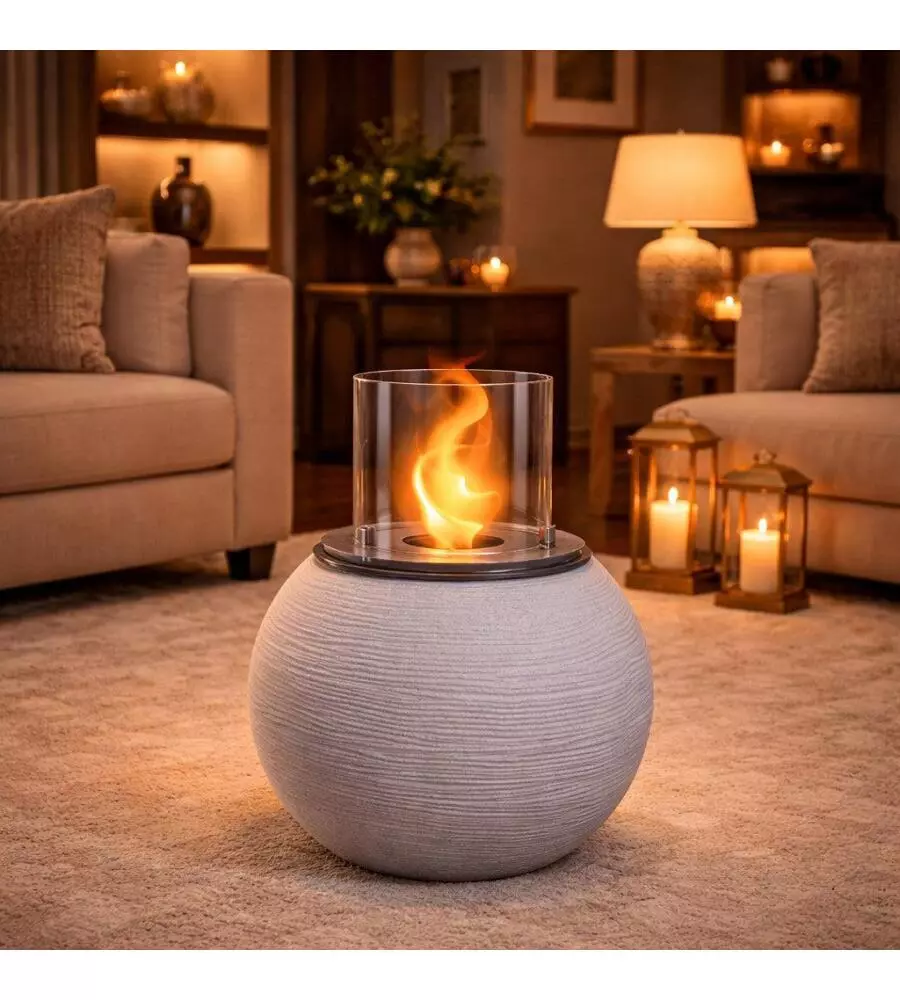 CAMINO BIOETANOLO DA TERRA PER INTERNO ESTERNO DIVINA FIRE "BOTTICELLI" IN RESINA BEIGE Ø40X54 CM