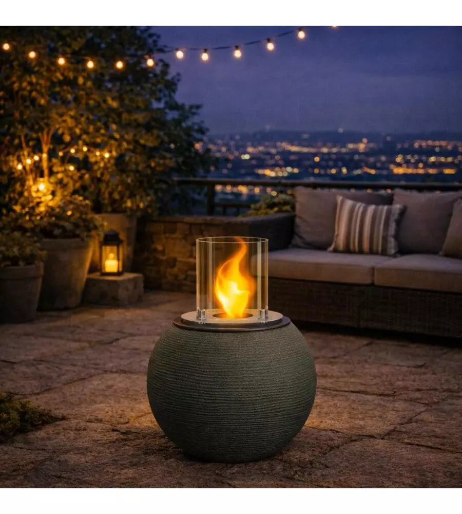 CAMINO BIOETANOLO DA TERRA PER INTERNO ESTERNO DIVINA FIRE "BOTTICELLI" IN RESINA VERDE SALVIA Ø40X54 CM