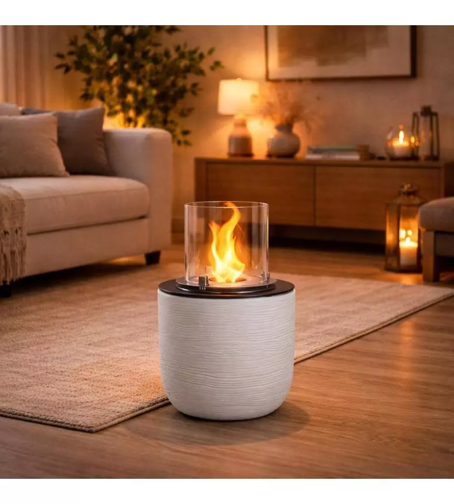 CAMINO BIOETANOLO DA TERRA PER INTERNO ESTERNO DIVINA FIRE "RAFFAELLO" IN RESINA BIANCO PERLA Ø35X55 CM