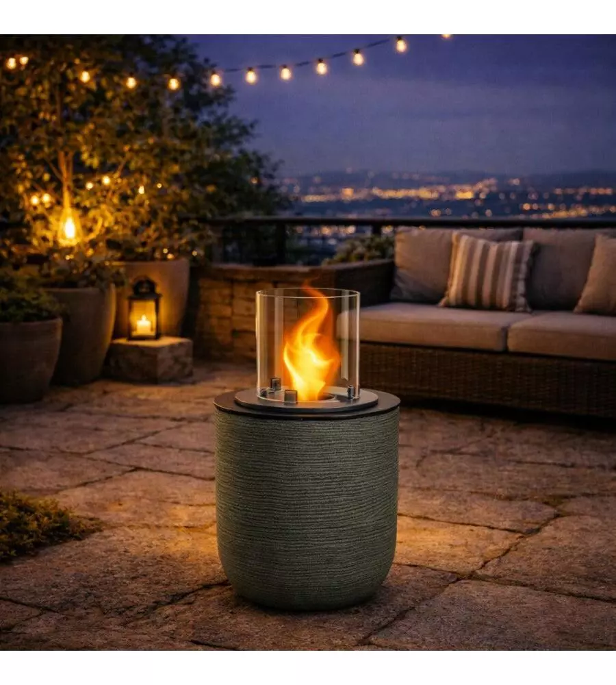 CAMINO BIOETANOLO DA TERRA PER INTERNO ESTERNO DIVINA FIRE "RAFFAELLO" IN RESINA VERDE SALVIA Ø35X55 CM