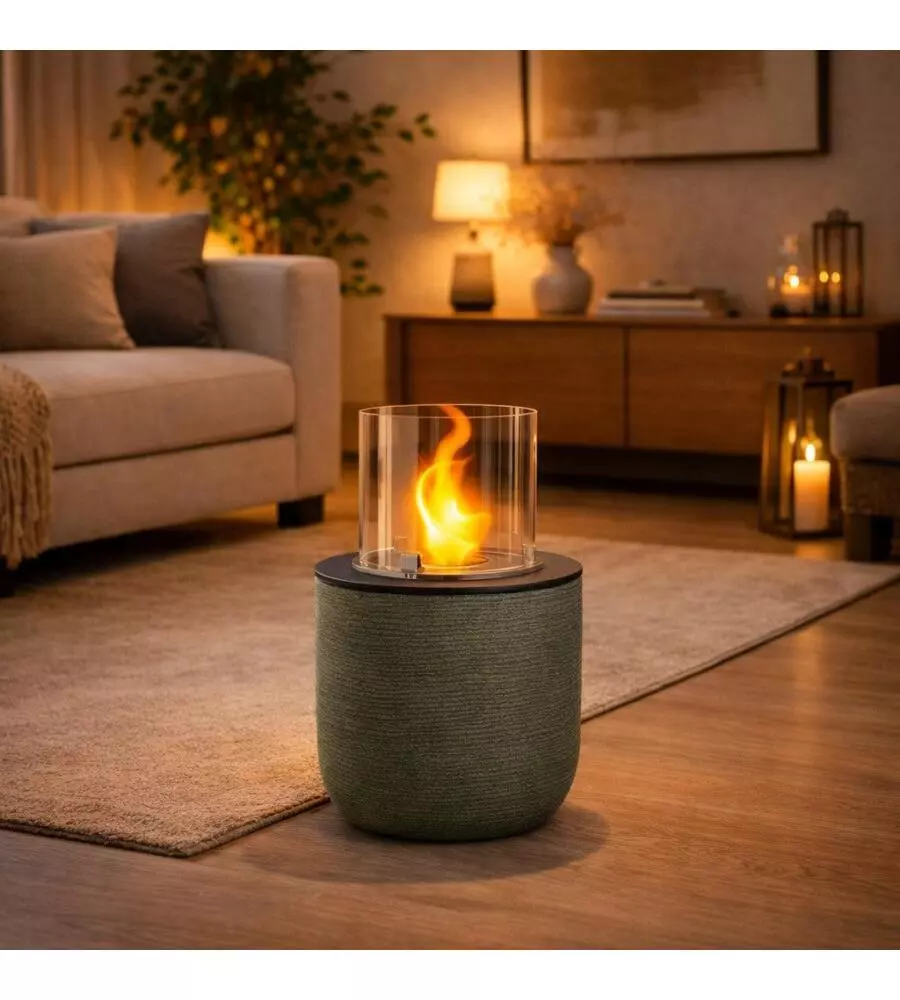 CAMINO BIOETANOLO DA TERRA PER INTERNO ESTERNO DIVINA FIRE "RAFFAELLO" IN RESINA VERDE SALVIA Ø35X55 CM