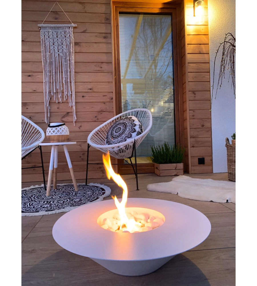 CAMINO BIOETANOLO DA TERRA TONDO PER INTERNO ESTERNO DIVINA FIRE "SANTORINI" IN ACCIAIO BIANCO Ø60X15 CM