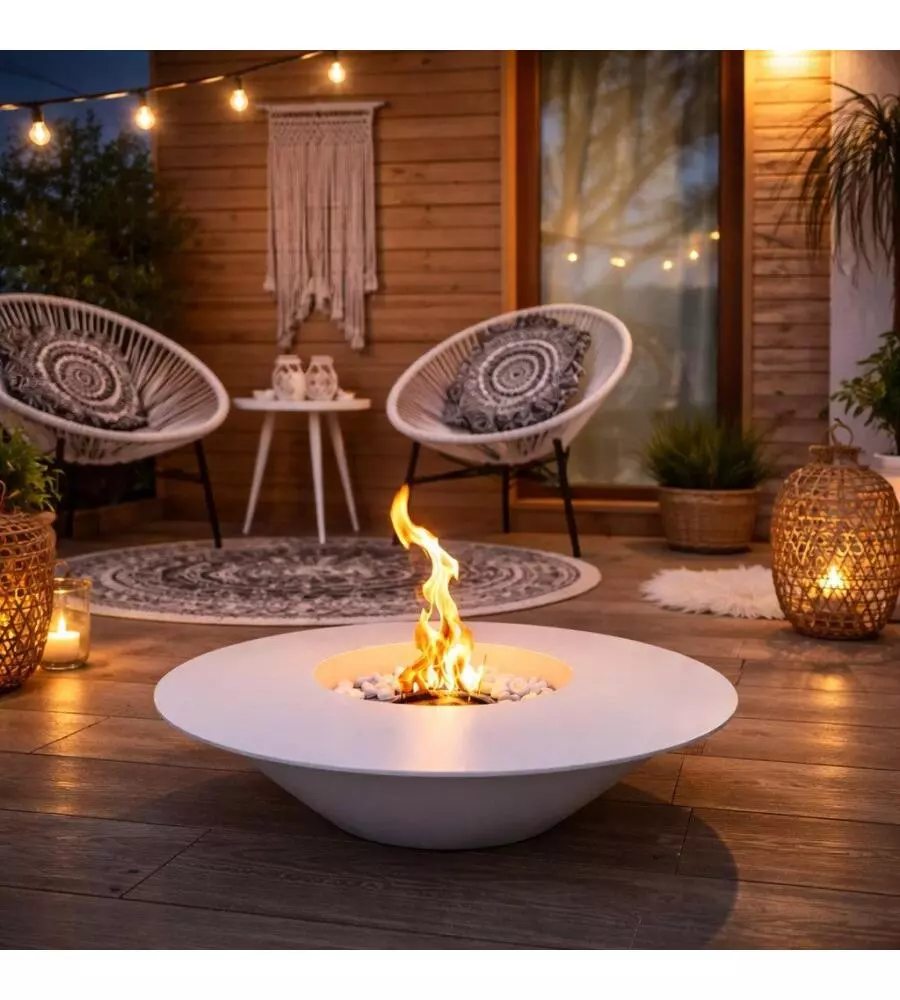 CAMINO BIOETANOLO DA TERRA TONDO PER INTERNO ESTERNO DIVINA FIRE "SANTORINI" IN ACCIAIO BIANCO Ø60X15 CM