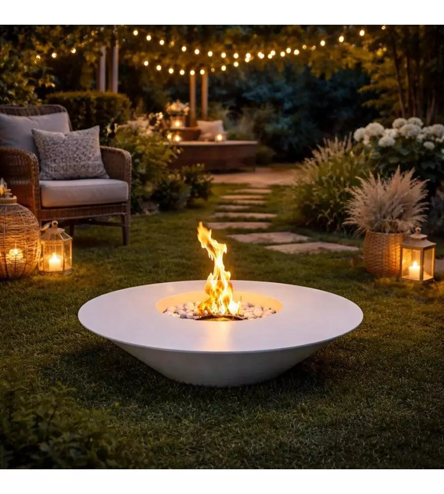 CAMINO BIOETANOLO DA TERRA TONDO PER INTERNO ESTERNO DIVINA FIRE "SANTORINI" IN ACCIAIO BIANCO Ø60X15 CM