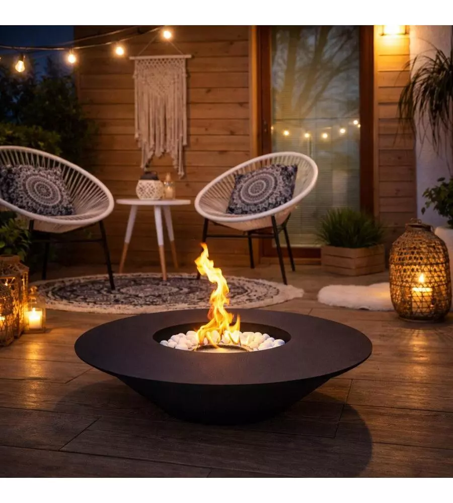 CAMINO BIOETANOLO DA TERRA TONDO PER INTERNO ESTERNO DIVINA FIRE "SANTORINI" IN ACCIAIO NERO Ø60X15 CM