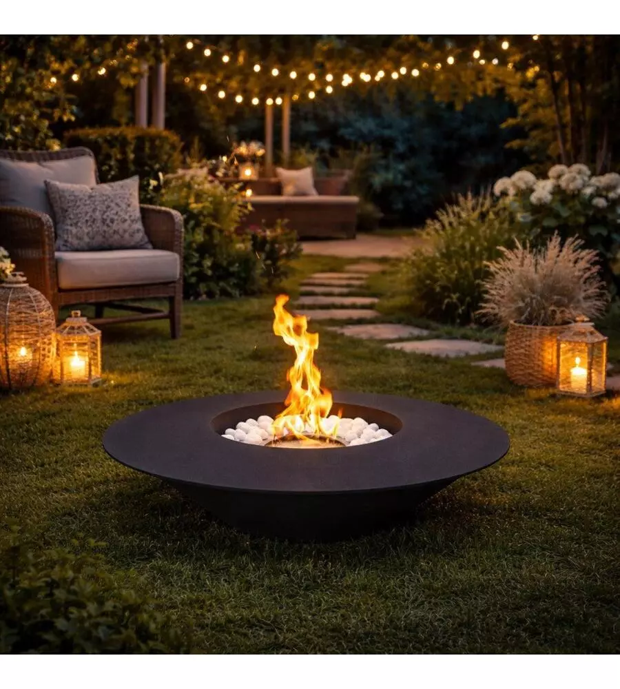 CAMINO BIOETANOLO DA TERRA TONDO PER INTERNO ESTERNO DIVINA FIRE "SANTORINI" IN ACCIAIO NERO Ø60X15 CM