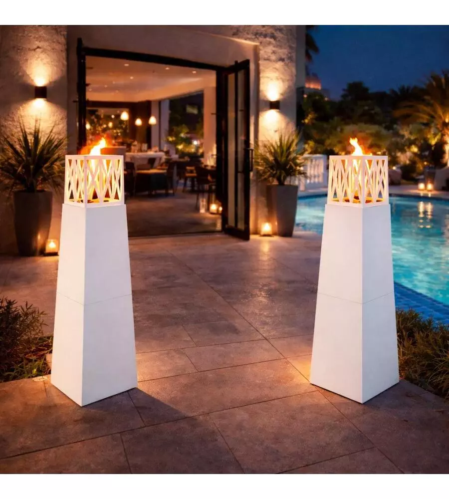 CAMINO BIOETANOLO DA TERRA PER ESTERNO DIVINA FIRE "VULCANO" IN ACCIAIO BIANCO 40X40X145 CM