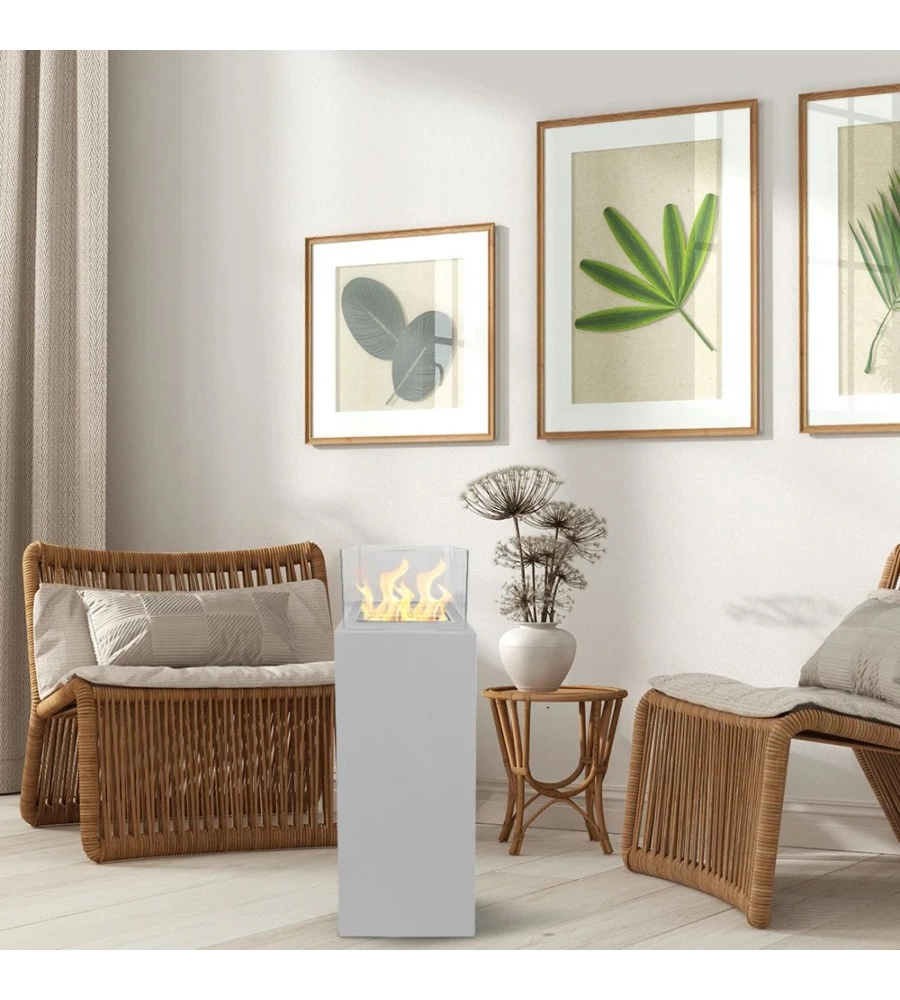 CAMINO BIOETANOLO DA TERRA PER INTERNO ESTERNO DIVINA FIRE "ISCHIA" IN ACCIAIO BIANCO 40X40X115 CM