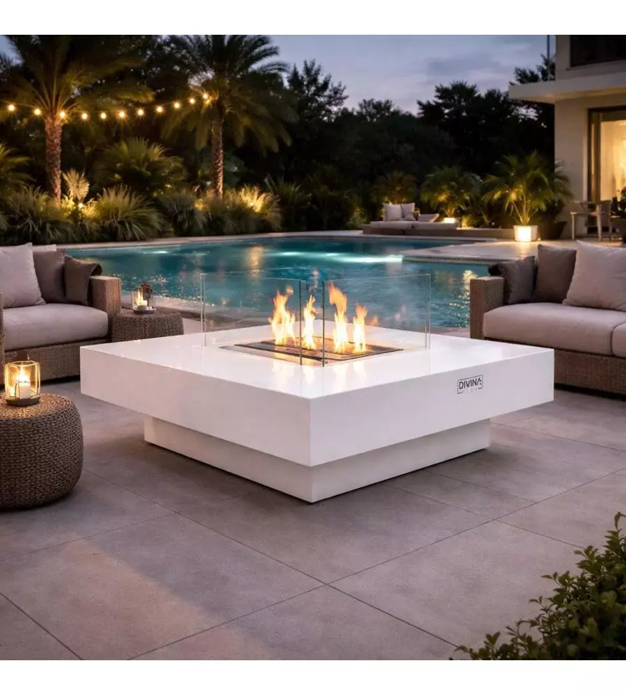 CAMINO BIOETANOLO DA TERRA PER INTERNO ESTERNO DIVINA FIRE "PANAREA" IN ACCIAIO BIANCO 70X70X35 CM
