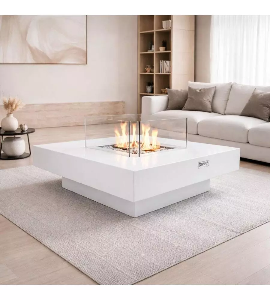CAMINO BIOETANOLO DA TERRA PER INTERNO ESTERNO DIVINA FIRE "PANAREA" IN ACCIAIO BIANCO 70X70X35 CM