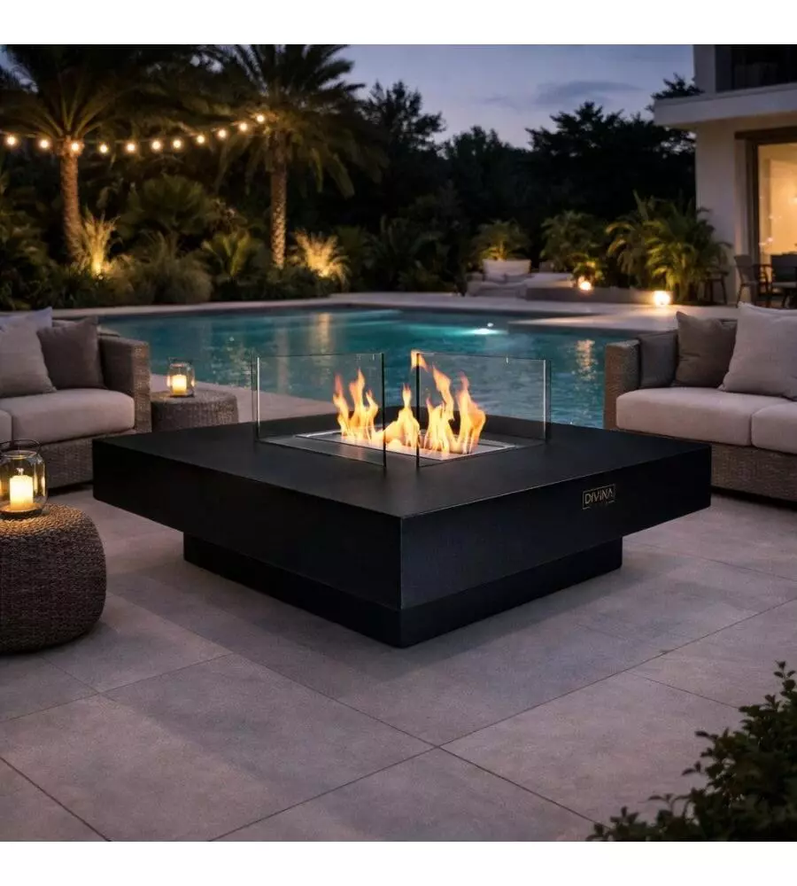 CAMINO BIOETANOLO DA TERRA PER INTERNO ESTERNO DIVINA FIRE "PANAREA" IN ACCIAIO NERO 70X70X35 CM