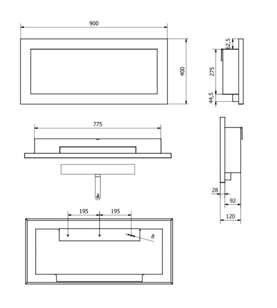 CAMINO BIOETANOLO DA PARETE DIVINA FIRE "LIVORNO" IN ACCIAIO NERO 90X40 CM
