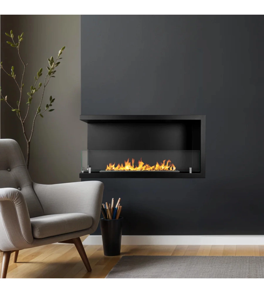 CAMINO BIOETANOLO DA INCASSO DIVINA FIRE "SUTRI 90" APERTURA LATERALE SINISTRA IN ACCIAIO NERO 90X45 CM