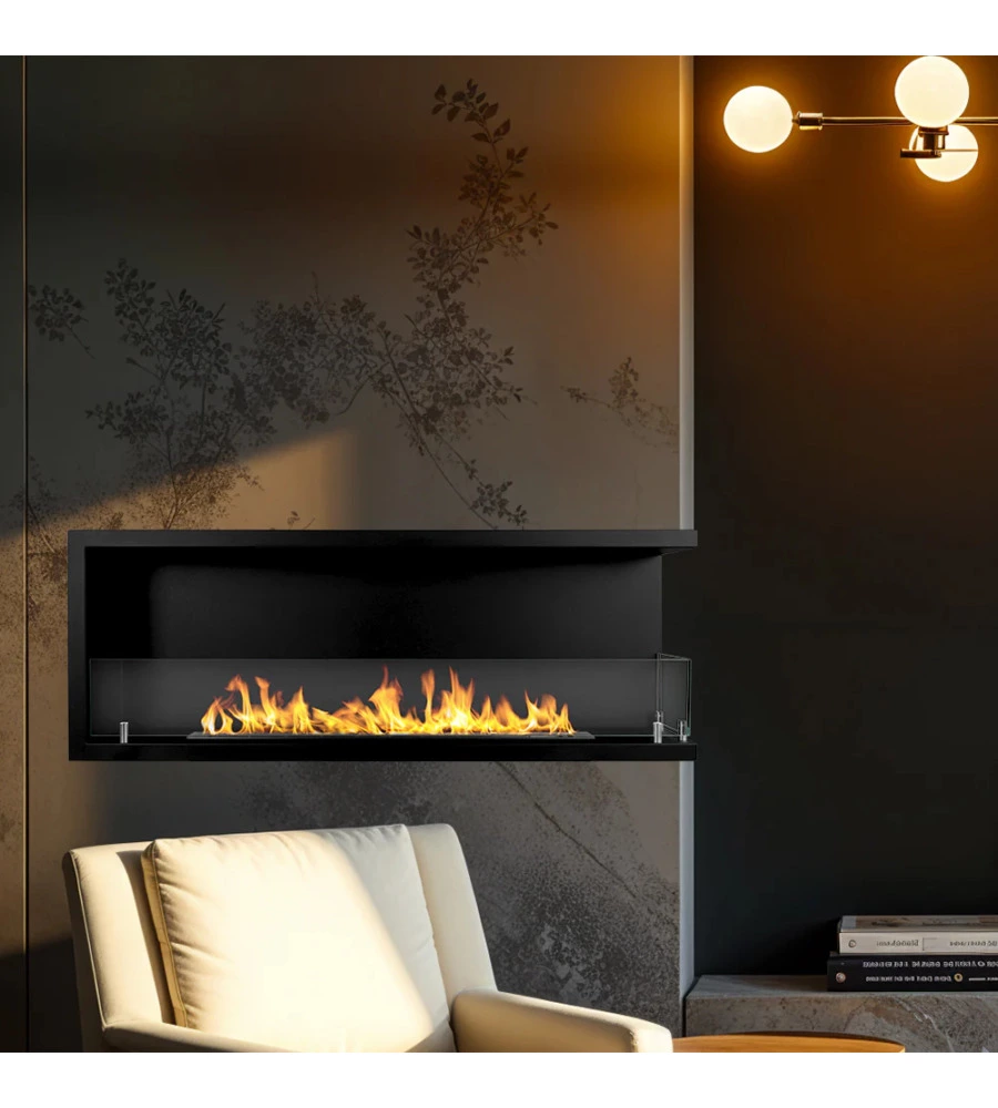 CAMINO BIOETANOLO DA INCASSO DIVINA FIRE "SUTRI 120" APERTURA LATERALE DESTRA IN ACCIAIO NERO 120X45 CM