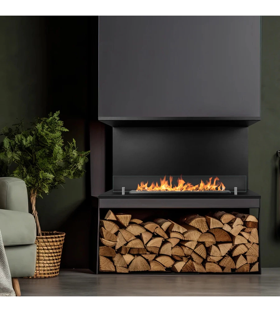 CAMINO BIOETANOLO DA INCASSO AD ANGOLO DIVINA FIRE "TREVI 90" IN ACCIAIO NERO 90X45 CM