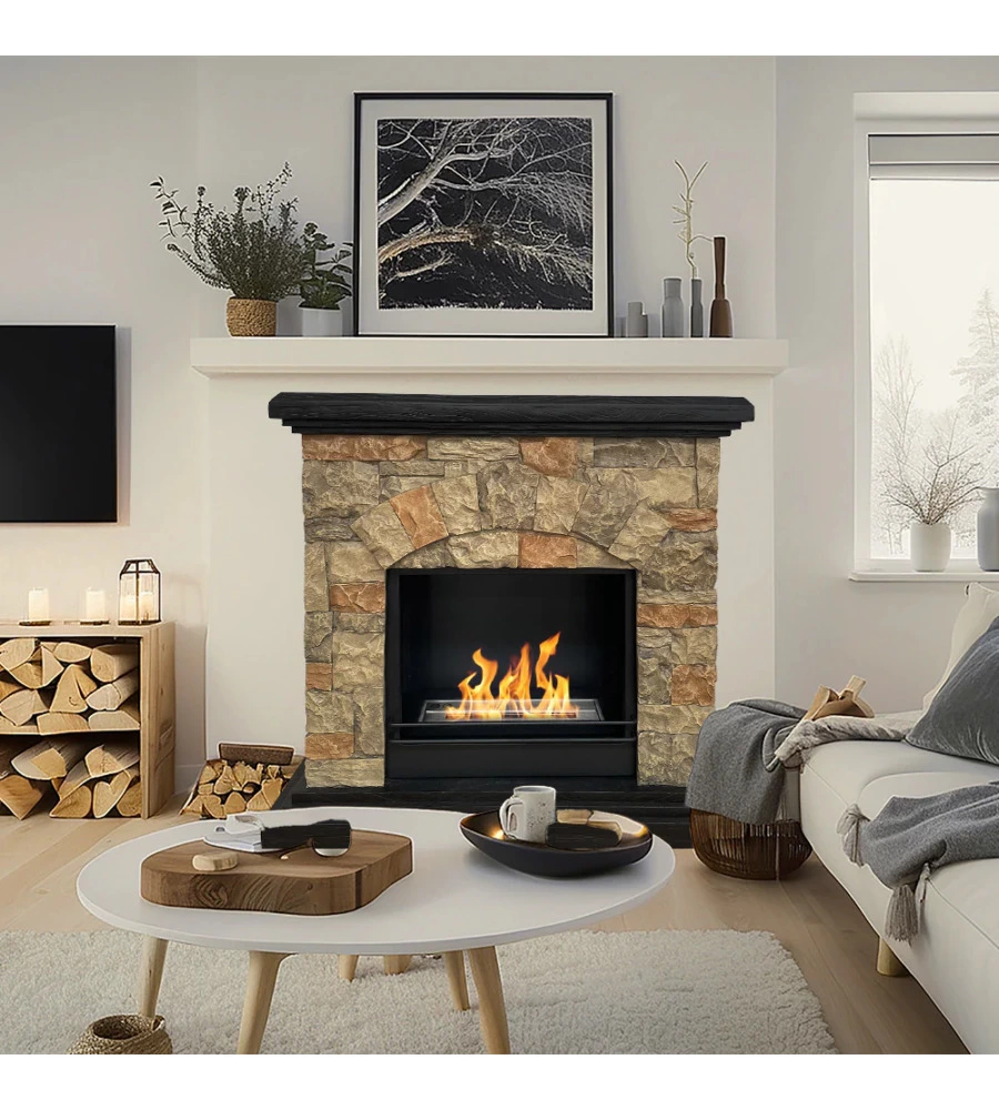 CAMINO BIOETANOLO DA TERRA DIVINA FIRE "BELLUNO" IN RESINA EFFETTO FINTA PIETRA 105X38X100 CM