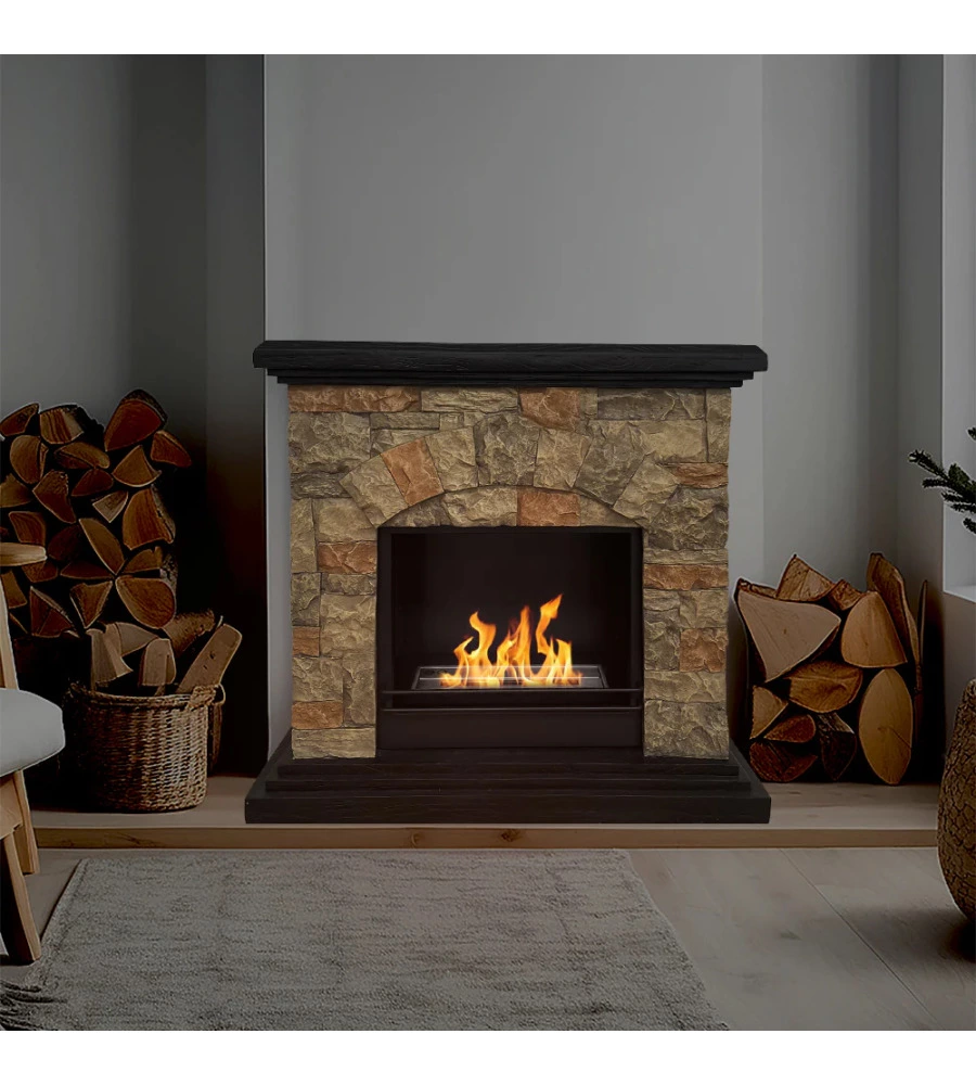 CAMINO BIOETANOLO DA TERRA DIVINA FIRE "BELLUNO" IN RESINA EFFETTO FINTA PIETRA 105X38X100 CM