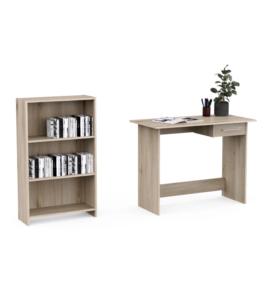 SET SCRIVANIA CON CASSETTO E LIBRERIA 3 RIPIANI ROVERE