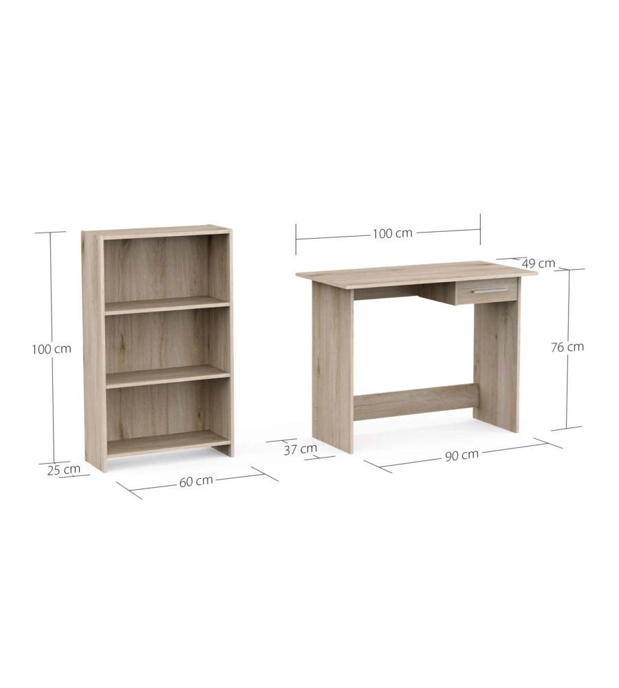 SET SCRIVANIA CON CASSETTO E LIBRERIA 3 RIPIANI ROVERE