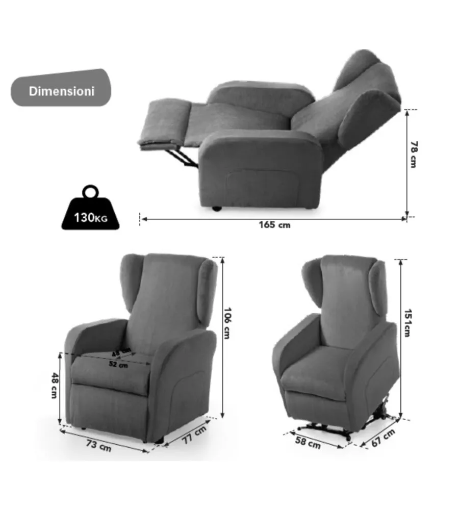 POLTRONA BELLAHOME "STAR" CON RECLINER IN TESSUTO GRIGIO 73X77X106 CM