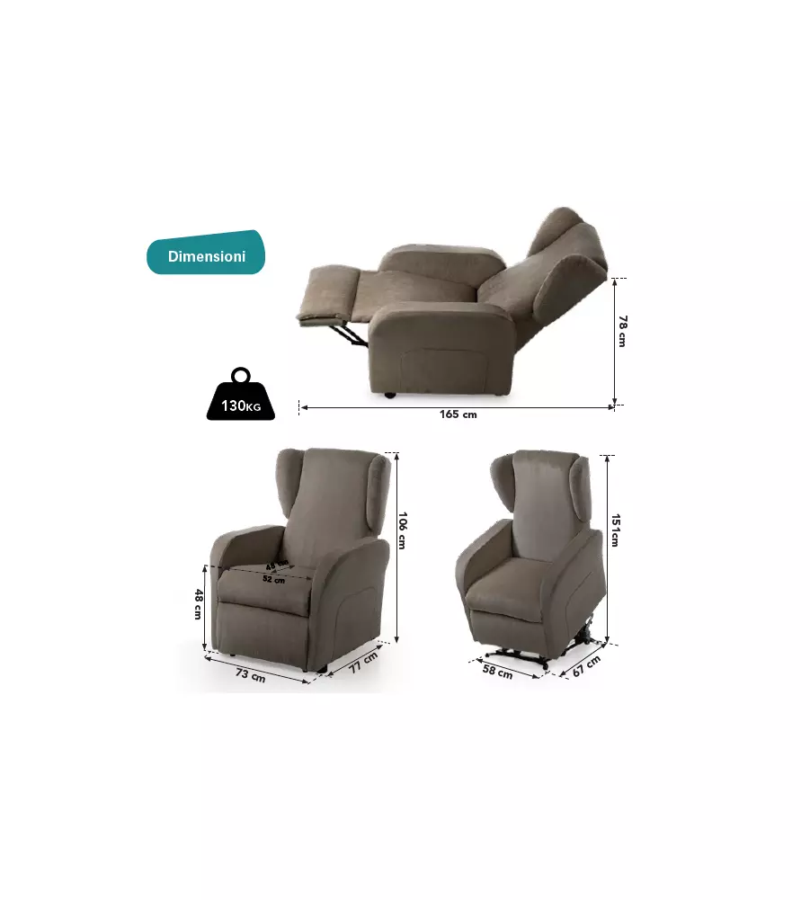 POLTRONA BELLAHOME "STAR" CON RECLINER IN TESSUTO TORTORA 73X77X106 CM