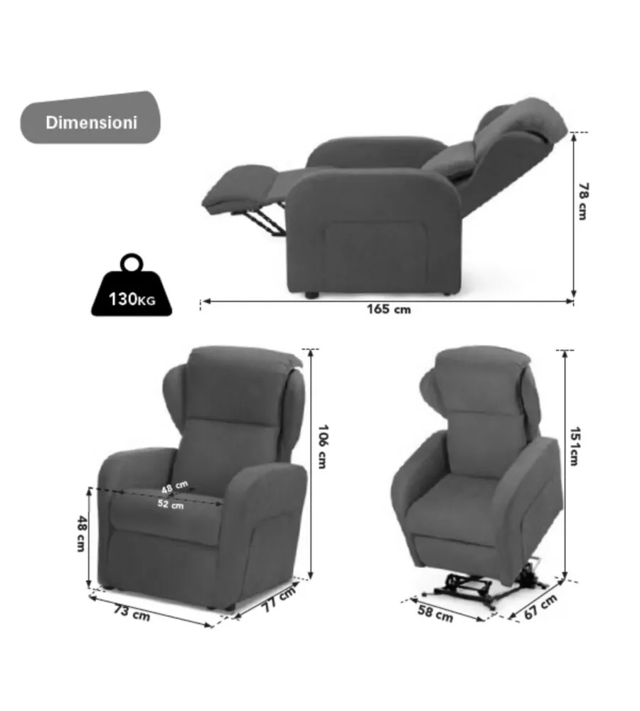 POLTRONA BELLAHOME "DIVA" CON RECLINER IN TESSUTO GRIGIO 73X77X106 CM