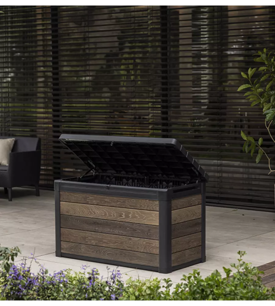 BAULE DA ESTERNO KETER "SIGNATURE DECO BOX 100" IN RESINA EFFETTO LEGNO 380 LT 122,9X62,1X76,6 CM