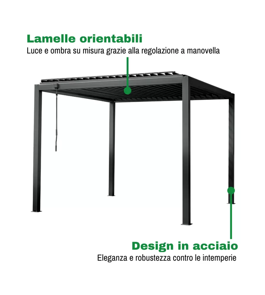 PERGOLA BIOCLIMATICA EUROGARDEN "AFRODITE" CON APERTURA A MANOVELLA AD ASTA IN ACCIAIO ANTRACITE 3X4X2,5 MT