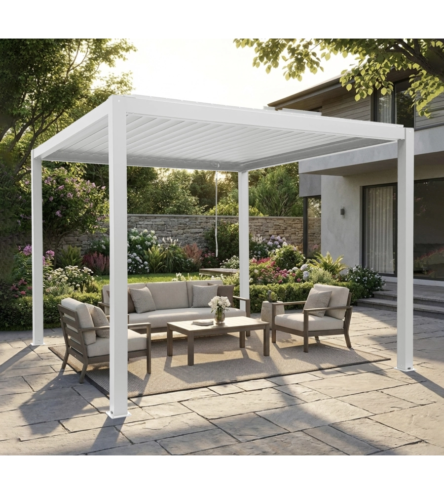 PERGOLA BIOCLIMATICA EUROGARDEN "AFRODITE" CON APERTURA A MANOVELLA AD ASTA IN ACCIAIO BIANCO 3X4X2,5 MT