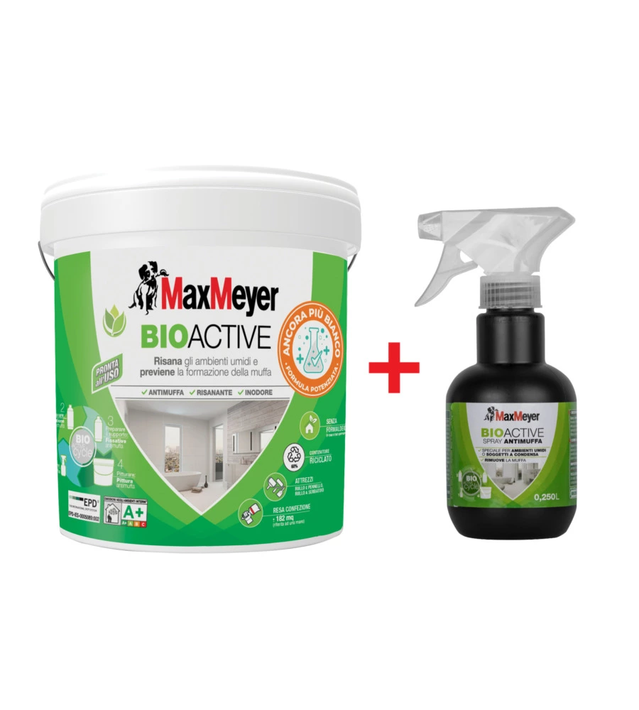 SET PITTURA ANTIMUFFA MAX MEYER "BIOACTIVE A+ PLUS" BIANCO 14LT E SPRAY ANTIMUFFA MAX MEYER "BIOACTIVE" TRASPARENTE 0,25 LT