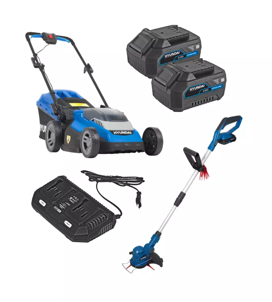 TAGLIAERBA E TAGLIABORDI A BATTERIA HYUNDAI 2 BATTERIE 20V 4AH E CARICABATTERIE - COD. 25610, 25200, 25010, 25040