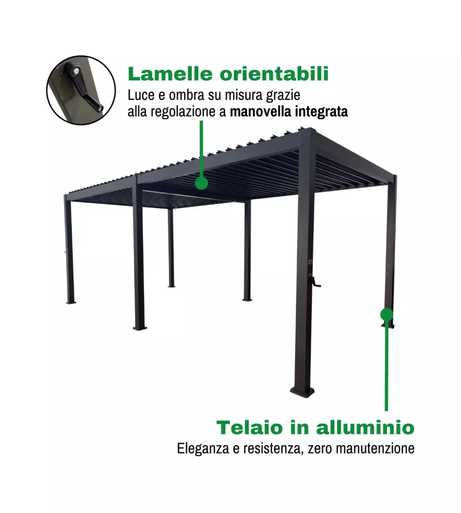 PERGOLA BIOCLIMATICA EUROGARDEN "ATENA" CON APERTURA A MANOVELLA IN ALLUMINIO ANTRACITE 3X6X2,5 MT