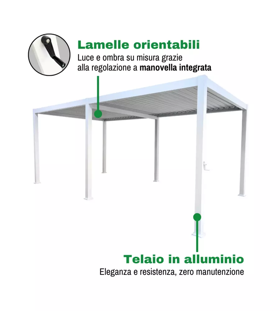 PERGOLA BIOCLIMATICA EUROGARDEN "ATENA" CON APERTURA A MANOVELLA IN ALLUMINIO BIANCO 3X6X2,5 MT