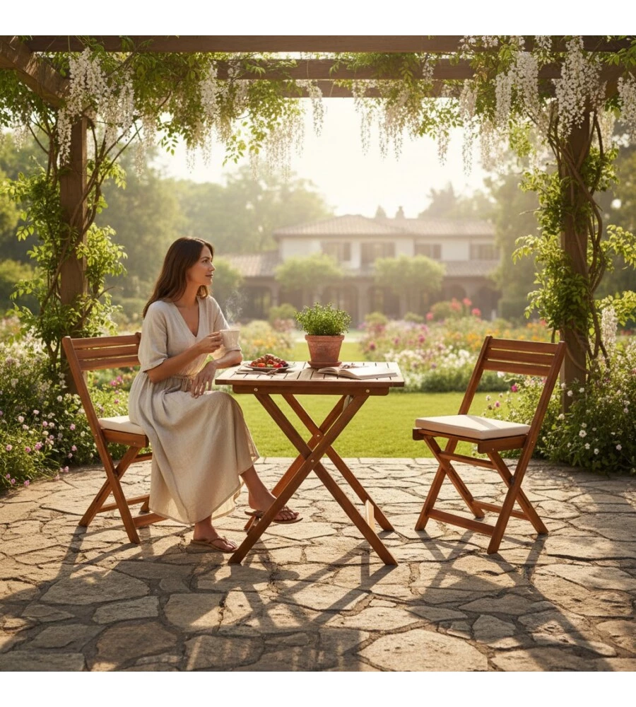 SET DA GIARDINO PIEGHEVOLE EUROGARDEN "GENOVA" IN LEGNO DI ACACIA OLIATA 2 SEDUTE E TAVOLO