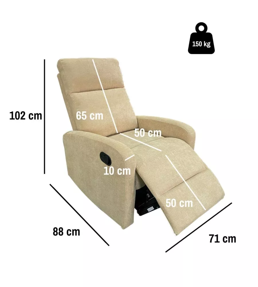 Poltrona BellaHome "Clara" con recliner in tessuto beige 71x88x102 cm