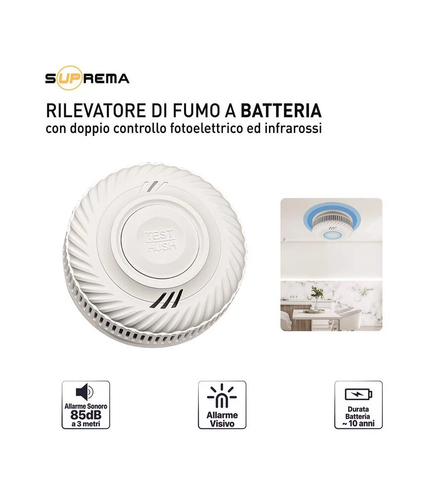 Rilevatore di fumo a batteria con doppio controllo fotoelettrico e a infrarossi