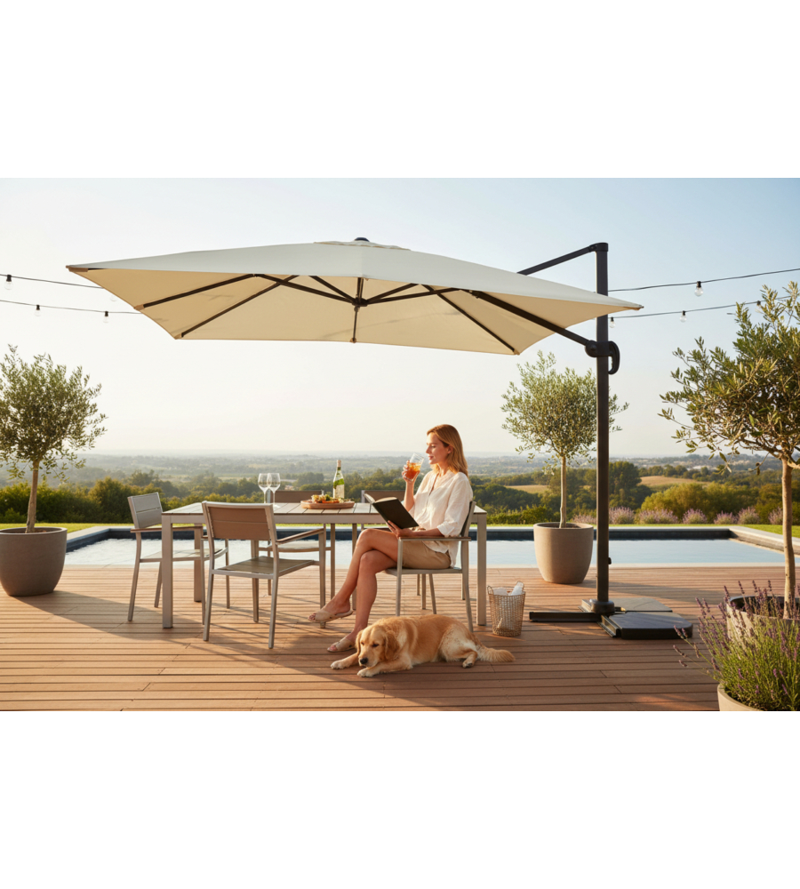 Ombrellone da giardino quadrato con braccio laterale EuroGarden "Top Time" ecrù 3x3 m