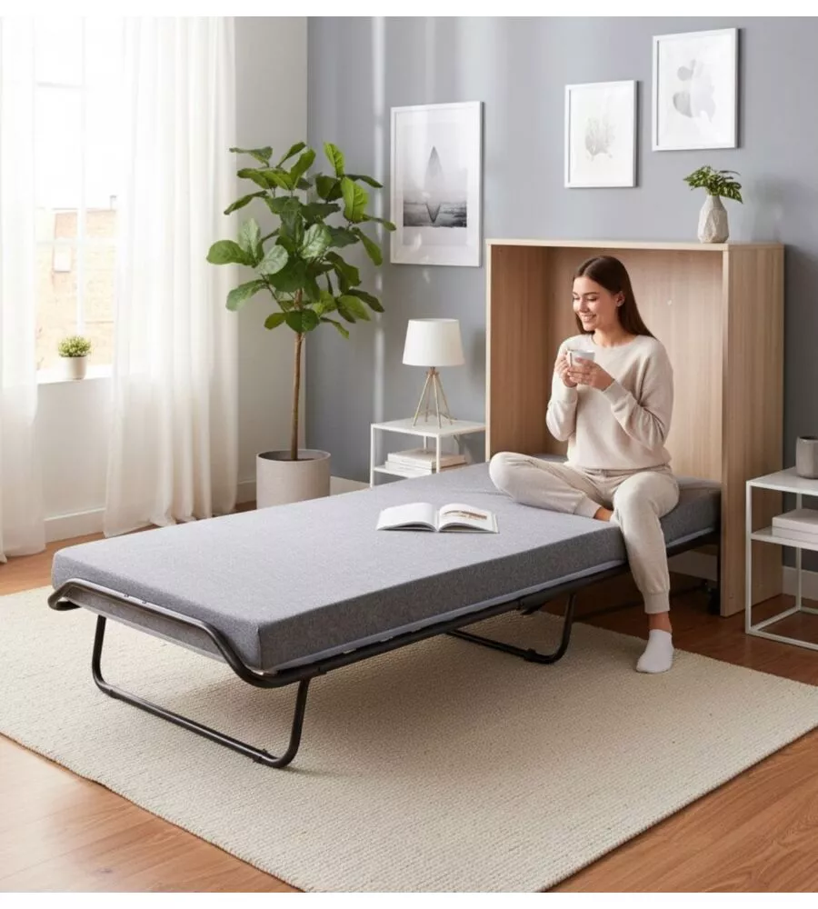 MOBILE LETTO SINGOLO ESTRAIBILE A SCOMPARSA CON RETE E MATERASSO MARRONE 80X190 CM