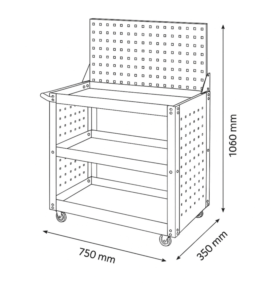 Carrello porta attrezzi 3 ripiani con pannello 75x35x106 cm