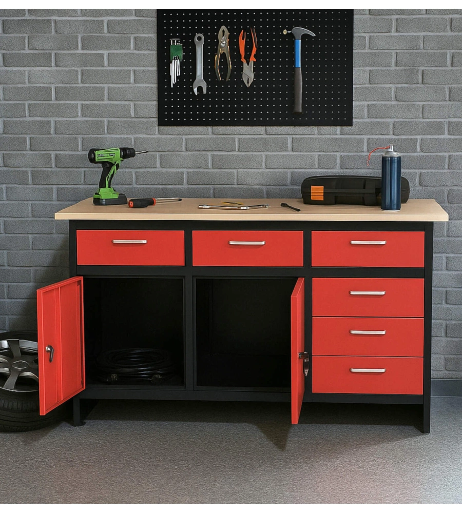 Banco da lavoro con cassetti e ante Essenza in acciaio 150x75x80 cm