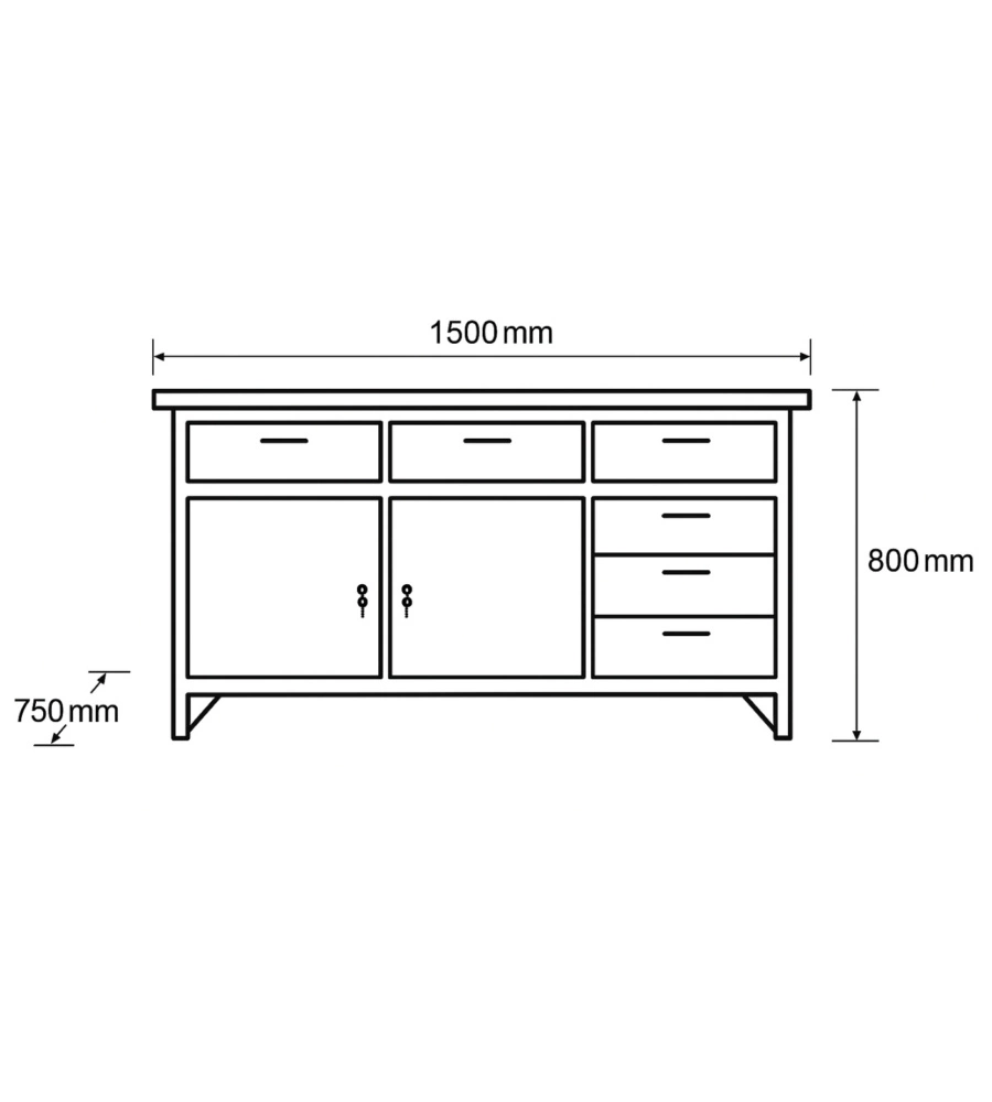 Banco da lavoro con cassetti e ante Essenza in acciaio 150x75x80 cm
