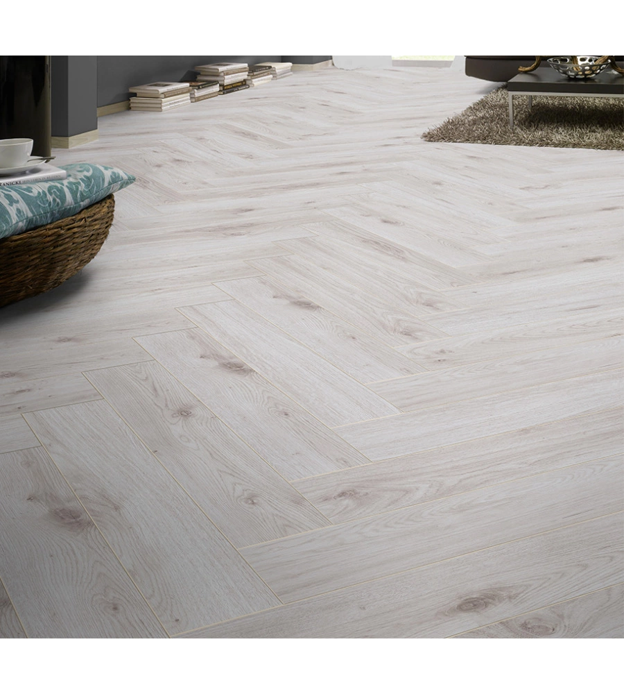 Pavimento laminato bianco rovere "Herringbone" Kimono 8 mm ac4 1,238 mq²
