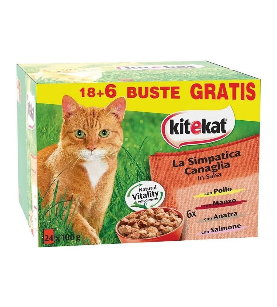 Confezione 24 bustine alimento umido per gatto KiteKat "La simpatica Canaglia" 24x85 gr