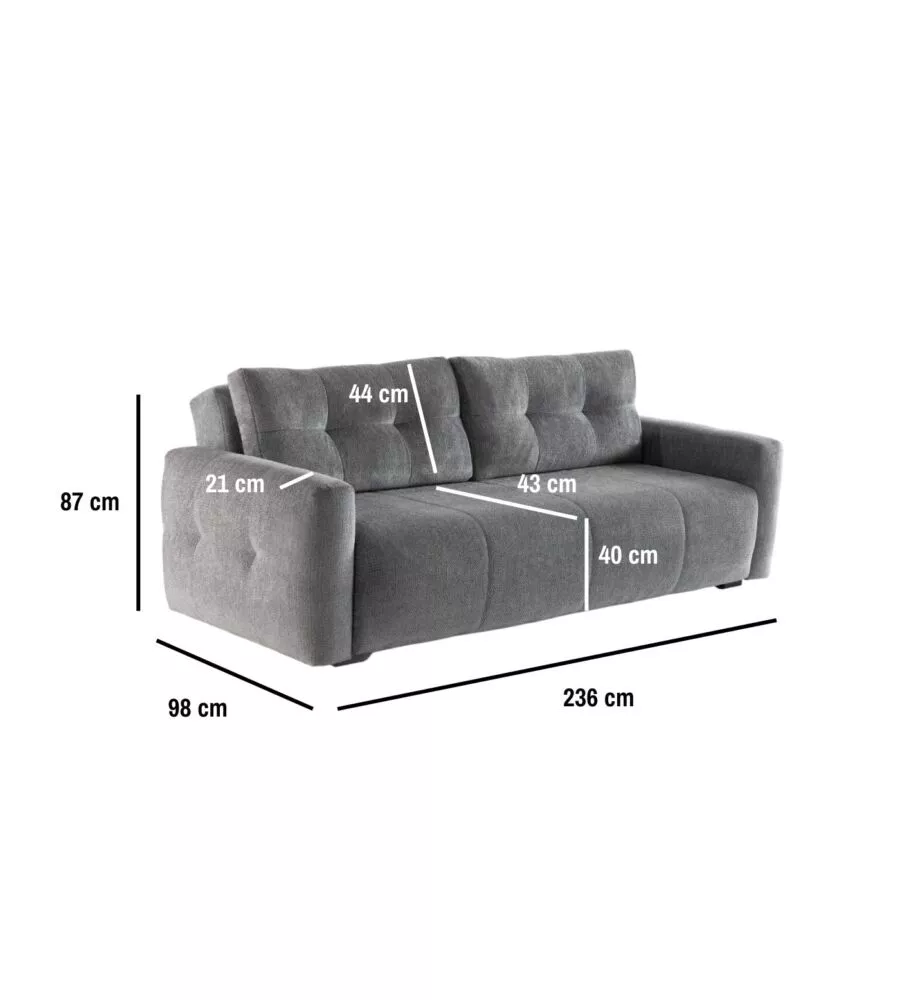 Divano letto BellaHome "Roma" 3 posti in tessuto grigio 236x98x87 cm