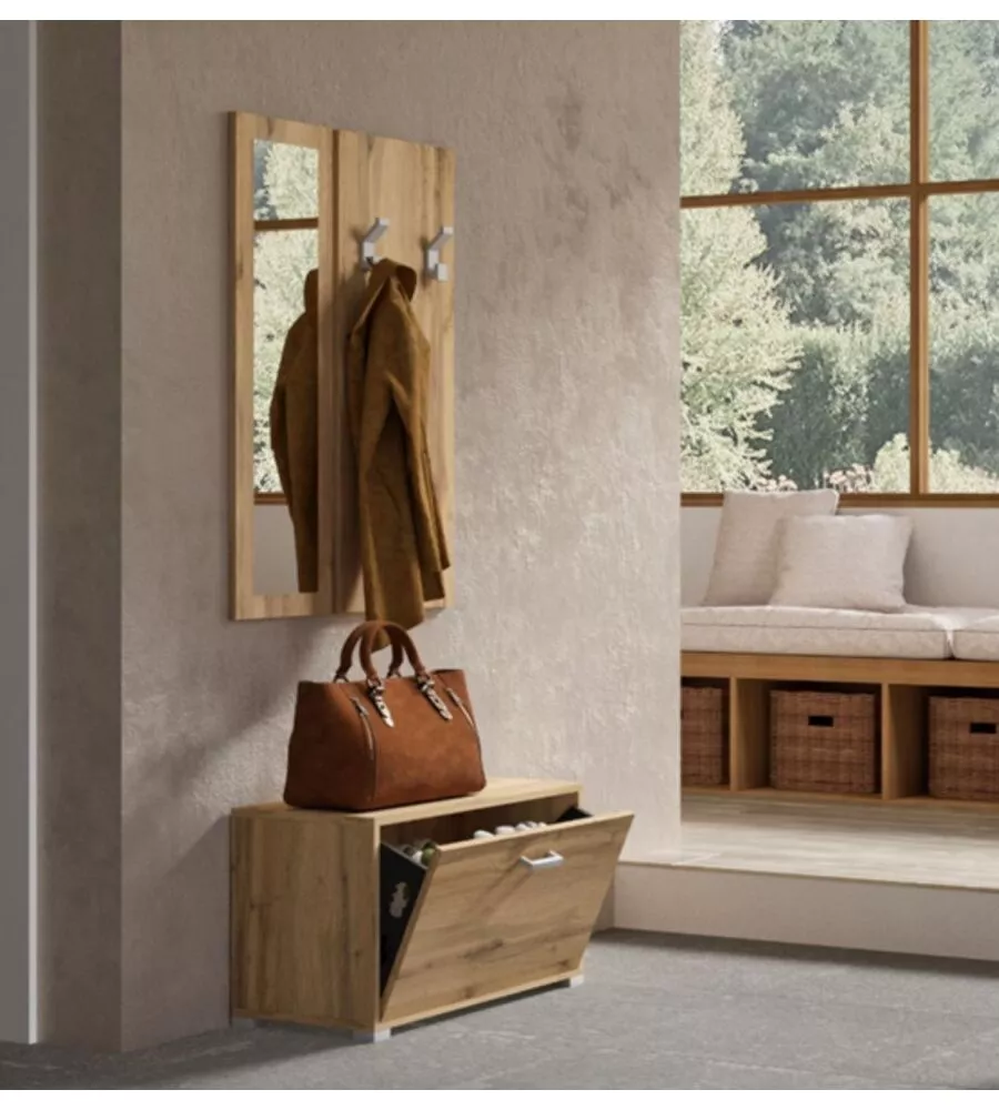 Mobile da ingresso con specchio "Trento" effetto quercia 72x35x143 cm