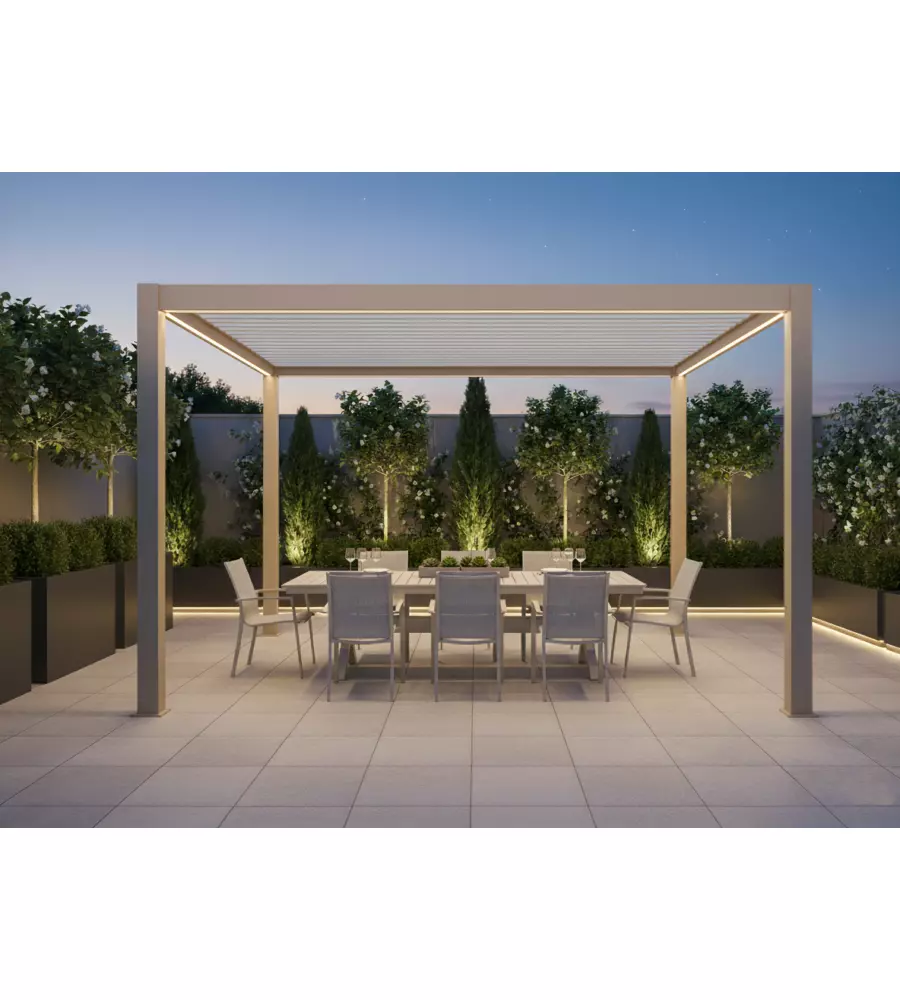 PERGOLA BIOCLIMATICA MOTORIZZATA RIVIERA "QUADRIFOGLIO" IN ALLUMINIO BEIGE 4X3X2,5 MT